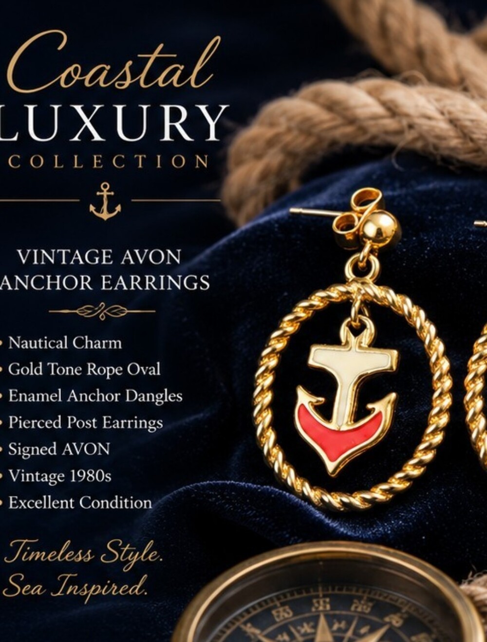 Vintage Avon Nautical Anchor Drop Earrings Gold Tone Red White Enamel Rope Hoop